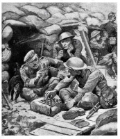 1917 Trench warfare. Soldiers playing draughts